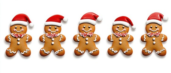 Fototapeta premium Five Festive Gingerbread Men in Santa Hats: Delicious Christmas Cookies