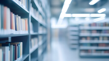 Fototapeta premium Abstract blurred interior of a public library, with defocused bookshelves for a business or educational backdrop