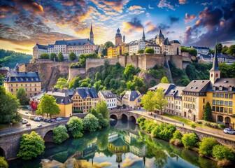 Fototapeta premium Captivating Double Exposure Photography of Chemin de la Corniche in Luxembourg Blending Scenic Views with Urban Life for an Enchanting Visual Experience