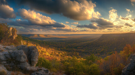 Fototapeta premium Autumn Valley Panorama: Golden Hour Landscape Photography