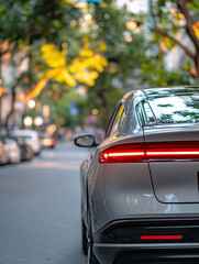 A sleek car parked on a tree-lined street during sunset.