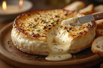 Creamy cheese bake served with toasted bread slices at dinner