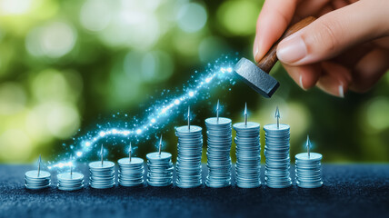 A hand is holding a wooden block with a pile of coins on top of it