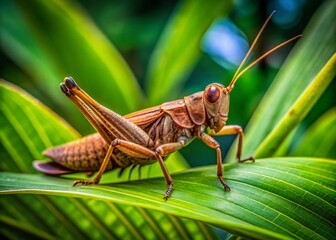 Captivating Drone Photography of a Brown Oriental Longheaded Grasshopper Camouflaged on Lush Green Leaves in a Natural Habitat Setting
