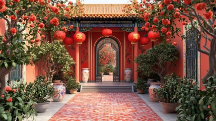 Fototapeta premium 3D Chinese New Year Festive Courtyard Wallpaper - Celebrate the Lunar New Year with this vibrant 3D wallpaper. Red lanterns, blooming flowers, traditional architecture, and ornate pots symbolize pros