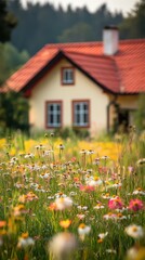 A Charming Countryside Cottage Nestled Amongst Vibrant Wildflowers