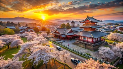 Captivating Drone Photography of Japanese Letters Symbolizing Justice Against a Serene Landscape with Cherry Blossoms and Traditional Architecture