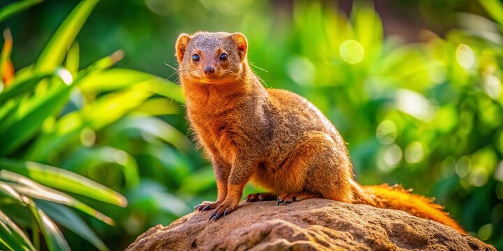 Captivating Drone Photography of Helogale parvula, the Common Dwarf Mongoose, Resting on a Rocky Outcrop in Its Natural Habitat, Showcasing Intricate Details and Vibrant Surroundings