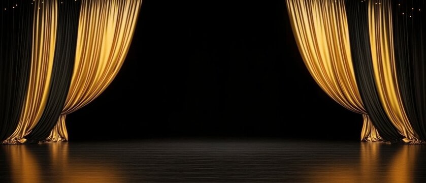 Elegant Gold and Black Stage Curtains Draped for a Grand Opening