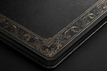 Fototapeta premium A company profile designed with ornate black filigree borders, featuring dramatic gothic patterns and antique-style serif fonts, creating a dark, elegant aesthetic for a corporate presentation