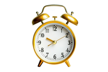 Gold Alarm Clock Shows Time Isolated on PNG Transparent Background