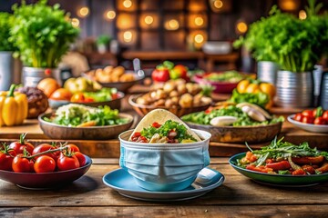 Captivating Food Photography Featuring a Full Face Protection Mask Amidst Delicious Culinary Creations for Health-Conscious Dining Experiences