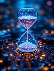 Hourglass with Digital Pixels Spilling Like Sand, Representing Time and Electronic Waste in the Digital Age