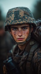 Fototapeta premium Close-up portrait of a young soldier with dirt on his face, wearing a helmet and camouflage uniform.