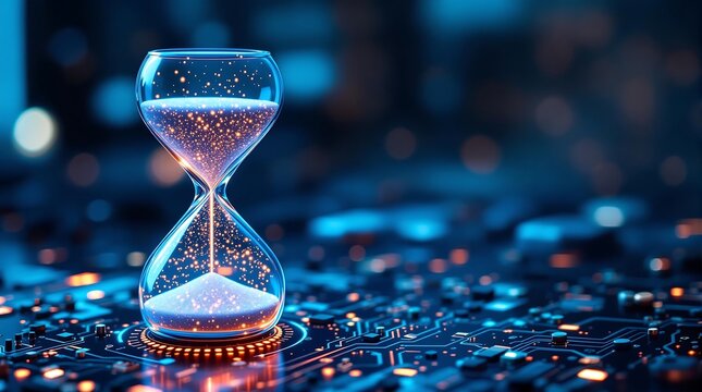Hourglass with Digital Pixels Spilling Like Sand, Representing Time and Electronic Waste in the Digital Age