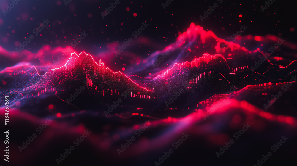 Poster a computer generated image of a mountain range with red and black colors