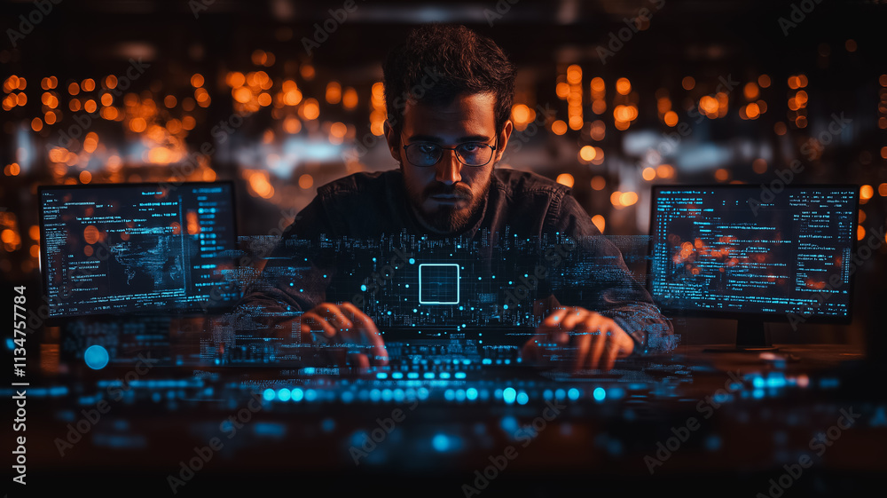 Poster a man is sitting in front of a computer monitor with a blue screen. he is typing on the keyboard