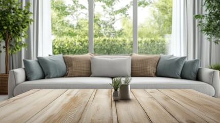 Fototapeta premium Wood table top on blur living room have sofa and armchair,