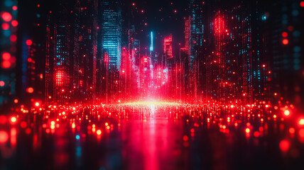 A cityscape with a red and blue background. The city is lit up with bright lights and the atmosphere is energetic and lively