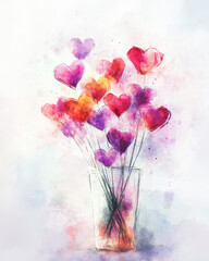 Obraz premium Watercolor Hearts Bouquet in Glass Vase