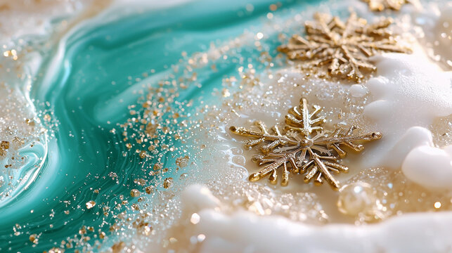 Golden Snowflakes Melting into Turquoise Wave