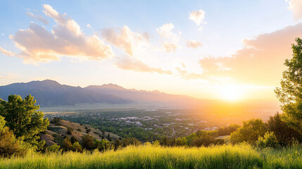 Obraz premium Scenic sunset view over mountains and a valley landscape.