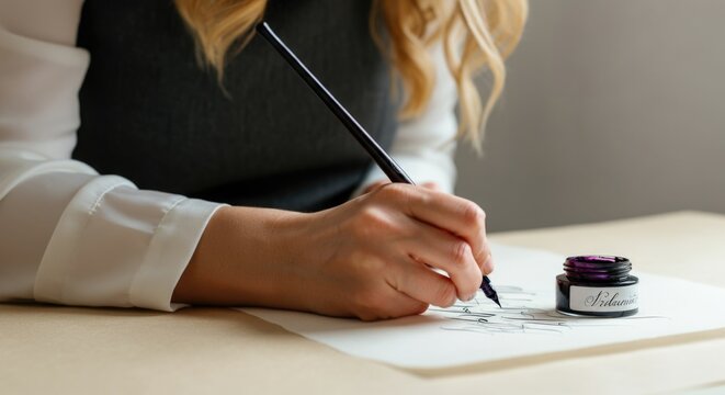 Close-up of caucasian female hand practicing calligraphy with ink pen on paper