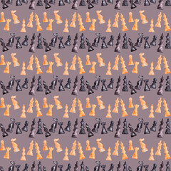 Watercolor seamless drawing with black and gold chess pieces