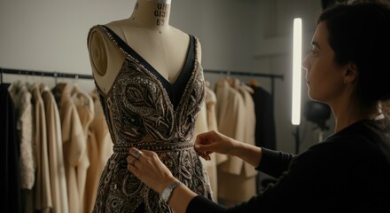 Female designer adjusting elegant dress on mannequin in fashion workshop