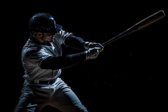 baseball player is holding a bat and getting ready to swing. The image has a dark and moody atmosphere, with the player standing in the shadows