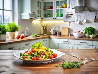 Captivating Food Presentation with Electric Plug Element: A Modern Take on Culinary Art in a Bright Kitchen Setting
