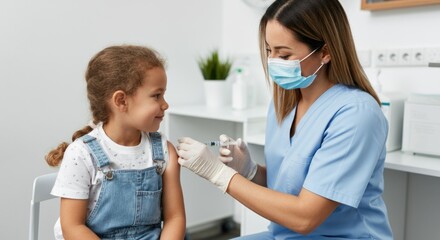 Female nurse administers vaccine to hispanic child in medical clinic setting