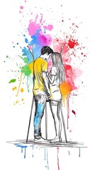Obraz premium Line art of a couple painting together, minimalist style with splashes of vibrant colors 