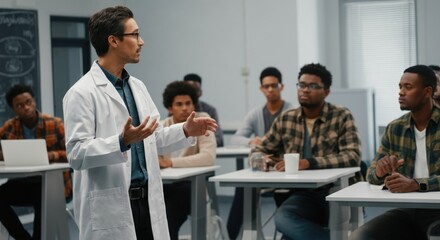 Classroom lecture with male teacher in lab coat engaging diverse young students