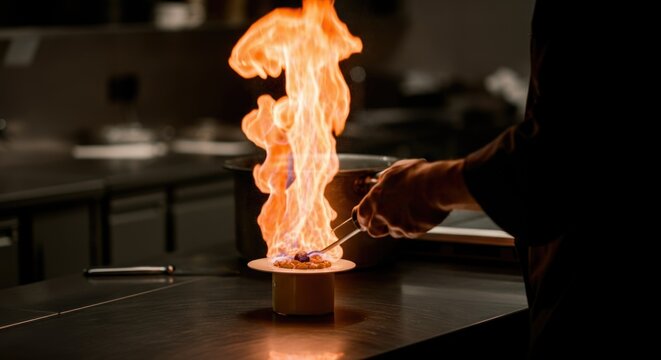 Chef performing flambé technique in professional kitchen