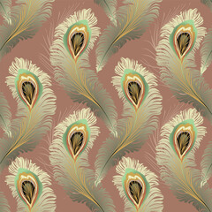 Elegant vector seamless white peacock feather design in muted mocha mousse, sage, and gradient gold tones. Neutral pastel brown background. Ideal for digital use in textiles, wallpapers, invitations