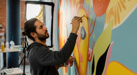 Obraz premium Hispanic male artist painting colorful mural in studio