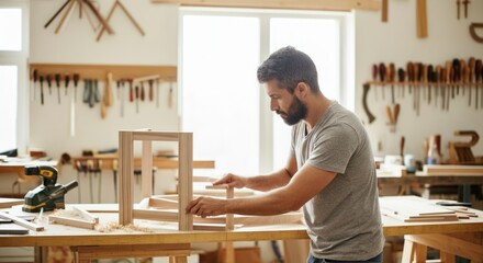 Young caucasian male carpenter crafting wooden furniture in workshop