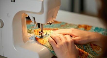 Caucasian adult sewing with machine on colorful fabric