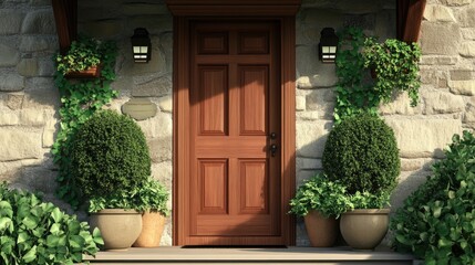 Fototapeta premium Wooden entrance door with porch and landing