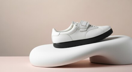 White velcro sneaker on modern sculptural display stand on neutral background