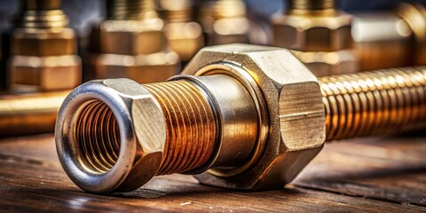 A close-up of a threaded brass fitting on a wooden surface, showcasing the intricate details and craftsmanship of the metalworking process