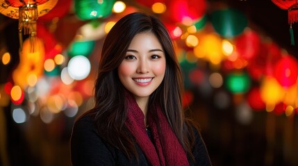 Fototapeta premium Smiling Asian Woman Enjoying Festive Chinese Lanterns and Lights in Urban Night Setting