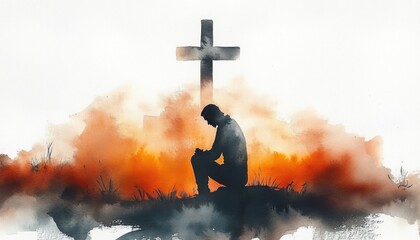 Fototapeta premium Praying Man Kneeling Before Cross Silhouette in Misty Clouds with Soft Light
