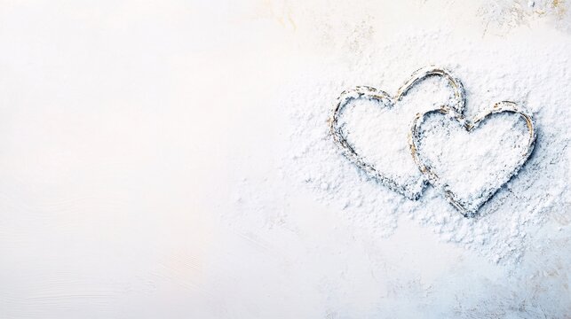 Two heart tree root love design on the right on white snow with copy space