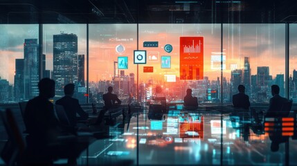 Futuristic Office Meeting with Digital Data Visualizations and Cityscape Background