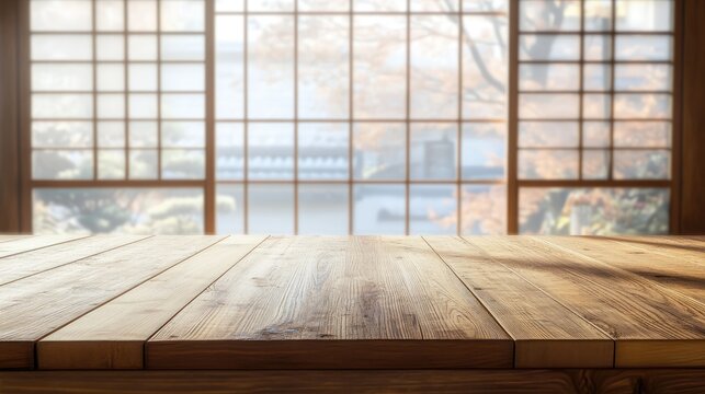 Wooden table of free space and blurred background of japan interior with big window