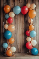 Colorful balloon arch decoration at a festive gathering in a rustic wooden venue during a bright afternoon celebration