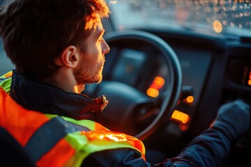 Joyful bus driver in safety vest engaging with buttons to open doors for passengers