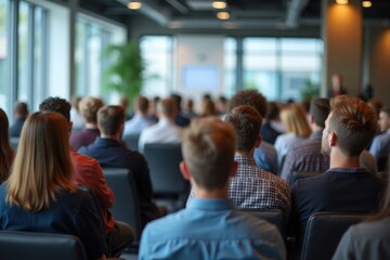 Fototapeta premium A professional business seminar viewed from behind. A group of well-dressed attendees sitting on modern chairs, facing a presenter, men and women in formal and smart-casual business attire